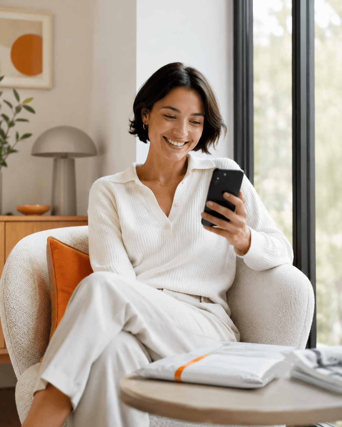 Woman using phone while sitting in a chair