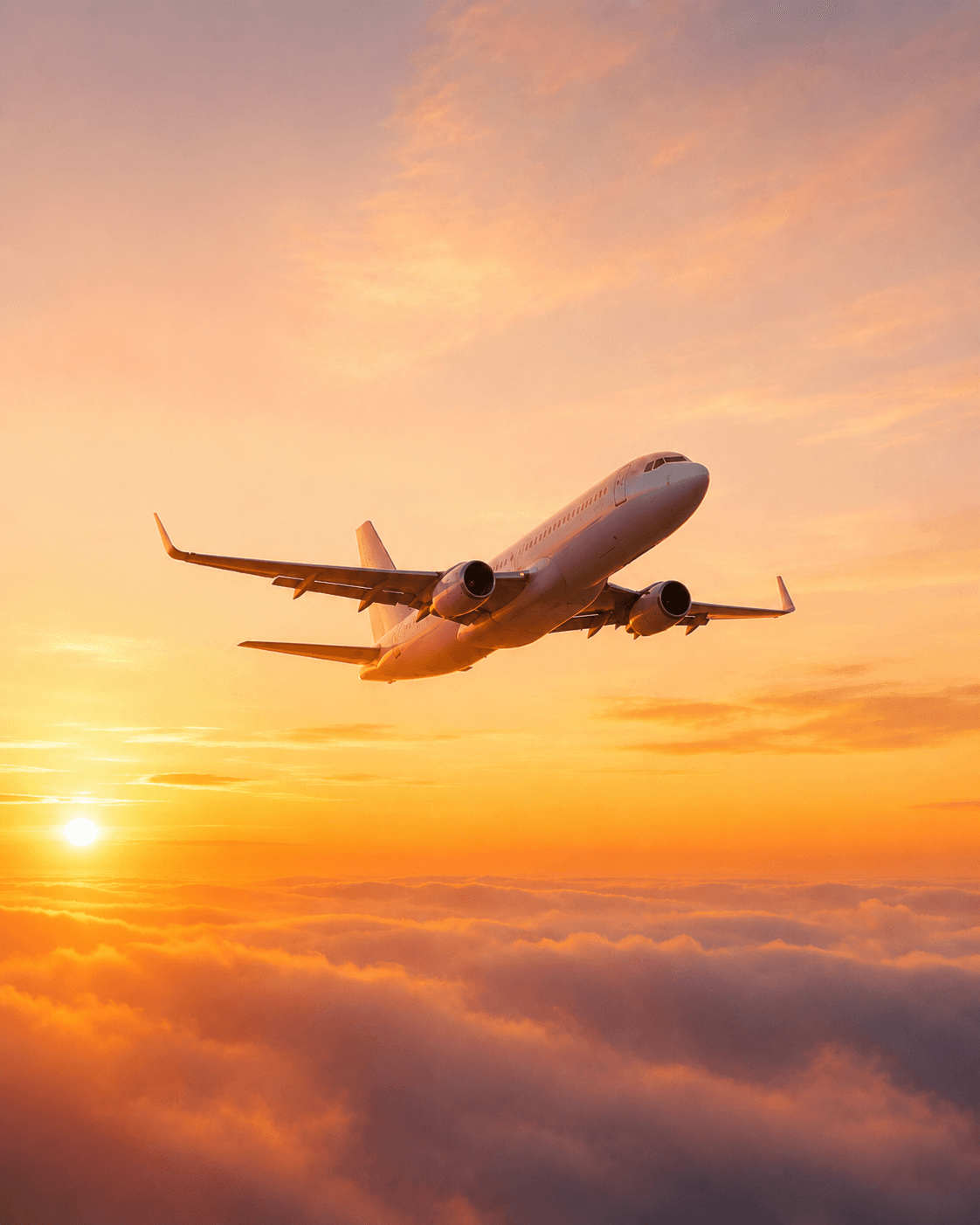 Airplane flying over clouds at sunset